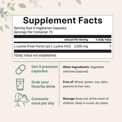 Reines L-Lysin 2.000 mg, 300 vegane Kapseln | Maximale Potenz, leicht absorbierbar, freie Form | Essentielle Aminosäure für Kollagen-, Lippen- und Immununterstützung | Saubere Inhaltsstoffe ohne Füllstoffe