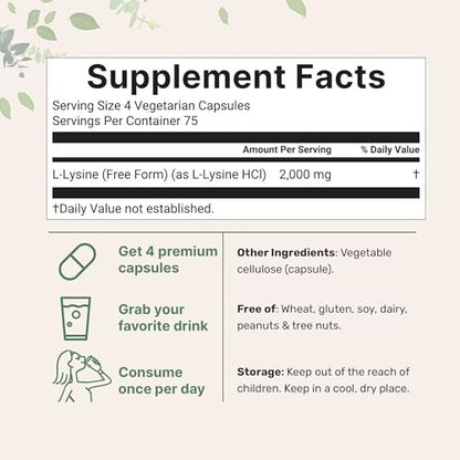 Reines L-Lysin 2.000 mg, 300 vegane Kapseln | Maximale Potenz, leicht absorbierbar, freie Form | Essentielle Aminosäure für Kollagen-, Lippen- und Immununterstützung | Saubere Inhaltsstoffe ohne Füllstoffe