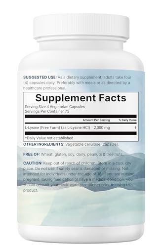 Reines L-Lysin 2.000 mg, 300 vegane Kapseln | Maximale Potenz, leicht absorbierbar, freie Form | Essentielle Aminosäure für Kollagen-, Lippen- und Immununterstützung | Saubere Inhaltsstoffe ohne Füllstoffe