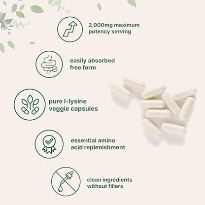 Reines L-Lysin 2.000 mg, 300 vegane Kapseln | Maximale Potenz, leicht absorbierbar, freie Form | Essentielle Aminosäure für Kollagen-, Lippen- und Immununterstützung | Saubere Inhaltsstoffe ohne Füllstoffe