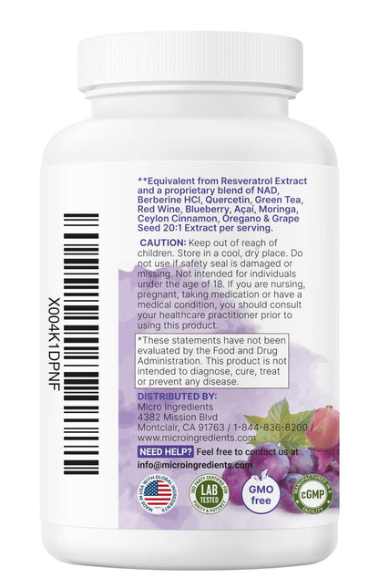 Micro Ingredients Resveratrol NAD Komplex 3.000 mg für Frauen und Männer, 240 vegane Kapseln | NMN Nahrungsergänzungsalternative | 11-in-1 Formel mit NAD+, Quercetin, Moringa, Berberin, Traubenkern & Oregano