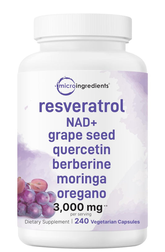 Micro Ingredients Resveratrol NAD Komplex 3.000 mg für Frauen und Männer, 240 vegane Kapseln | NMN Nahrungsergänzungsalternative | 11-in-1 Formel mit NAD+, Quercetin, Moringa, Berberin, Traubenkern & Oregano