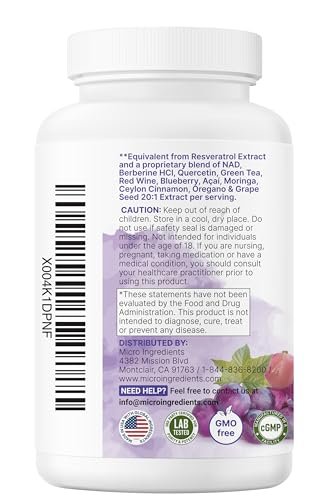 Micro Ingredients Resveratrol NAD Komplex 3.000 mg für Frauen und Männer, 240 vegane Kapseln | NMN Nahrungsergänzungsalternative | 11-in-1 Formel mit NAD+, Quercetin, Moringa, Berberin, Traubenkern & Oregano