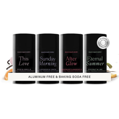 Each & Every Aluminiumfreies Deodorant für Damen & Herren – Natürlicher Duft, 24h Geruchsschutz, Deo für empfindliche Haut, EWG-zertifiziert, Backpulverfrei – Mehrere Düfte, 4er-Pack, je 22,7 g