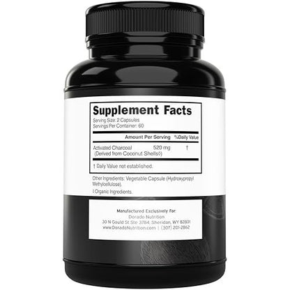 Organische Aktivkohle Kapseln (120 Kapseln) – Aktivkohle aus Kokosnussschalen gegen Blähungen & zur Entgiftung, 520 mg pro Portion für Frauen & Männer – Drittanbieter getestet, Non-GMO & hergestellt in den USA