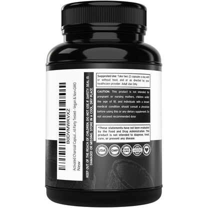 Organische Aktivkohle Kapseln (120 Kapseln) – Aktivkohle aus Kokosnussschalen gegen Blähungen & zur Entgiftung, 520 mg pro Portion für Frauen & Männer – Drittanbieter getestet, Non-GMO & hergestellt in den USA
