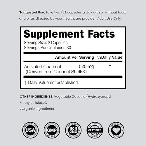Organische Aktivkohle Kapseln (120 Kapseln) – Aktivkohle aus Kokosnussschalen gegen Blähungen & zur Entgiftung, 520 mg pro Portion für Frauen & Männer – Drittanbieter getestet, Non-GMO & hergestellt in den USA
