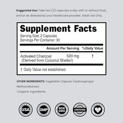 Organische Aktivkohle Kapseln (120 Kapseln) – Aktivkohle aus Kokosnussschalen gegen Blähungen & zur Entgiftung, 520 mg pro Portion für Frauen & Männer – Drittanbieter getestet, Non-GMO & hergestellt in den USA