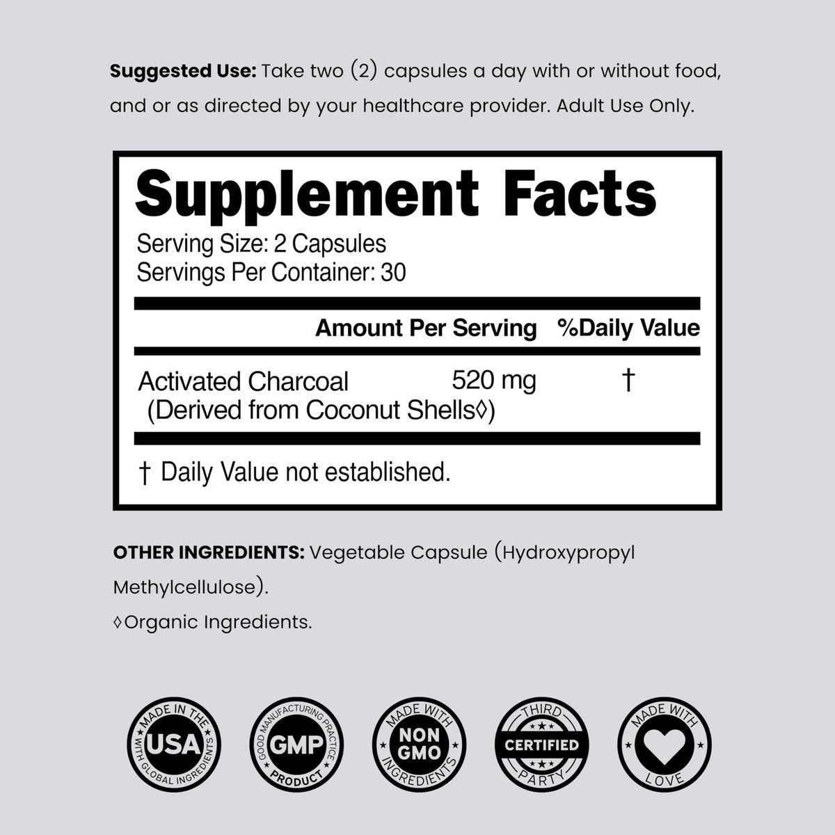 Organische Aktivkohle Kapseln (120 Kapseln) – Aktivkohle aus Kokosnussschalen gegen Blähungen & zur Entgiftung, 520 mg pro Portion für Frauen & Männer – Drittanbieter getestet, Non-GMO & hergestellt in den USA