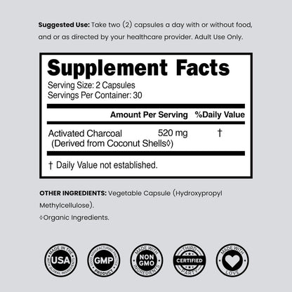 Organische Aktivkohle Kapseln (120 Kapseln) – Aktivkohle aus Kokosnussschalen gegen Blähungen & zur Entgiftung, 520 mg pro Portion für Frauen & Männer – Drittanbieter getestet, Non-GMO & hergestellt in den USA