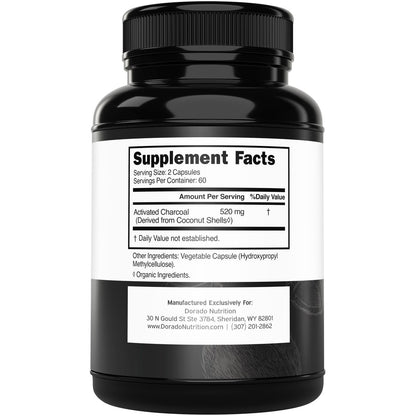 Organische Aktivkohle Kapseln (120 Kapseln) – Aktivkohle aus Kokosnussschalen gegen Blähungen & zur Entgiftung, 520 mg pro Portion für Frauen & Männer – Drittanbieter getestet, Non-GMO & hergestellt in den USA