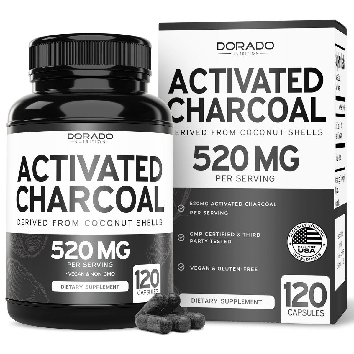 Organische Aktivkohle Kapseln (120 Kapseln) – Aktivkohle aus Kokosnussschalen gegen Blähungen & zur Entgiftung, 520 mg pro Portion für Frauen & Männer – Drittanbieter getestet, Non-GMO & hergestellt in den USA