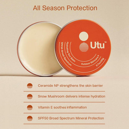 UTU Hydrating Sun Balm SPF 50 – Mineralischer Sonnenschutz für Gesicht & Lippen mit Vitamin E, Schneepilz & Ceramid NP, Riffischer, Tierversuchsfrei (20 g | 0,7 oz)