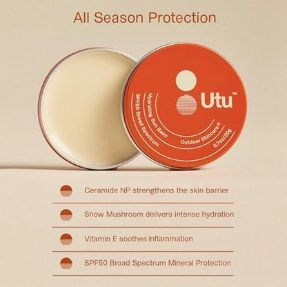 UTU Hydrating Sun Balm SPF 50 – Mineralischer Sonnenschutz für Gesicht & Lippen mit Vitamin E, Schneepilz & Ceramid NP, Riffischer, Tierversuchsfrei (20 g | 0,7 oz)