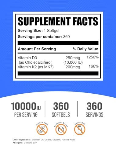 BulkSupplements.com Vitamin D3 + K2 10000 IE Weichkapseln - D3 K2 Vitamin Nahrungsergänzung für Immunsystem - Glutenfrei, 1 Weichkapsel pro Portion, 360 Stück (1er Pack)