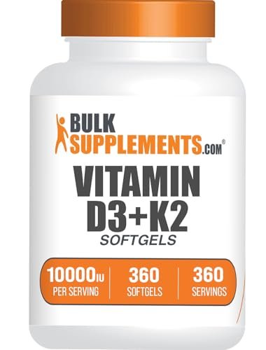 BulkSupplements.com Vitamin D3 + K2 10000 IE Weichkapseln - D3 K2 Vitamin Nahrungsergänzung für Immunsystem - Glutenfrei, 1 Weichkapsel pro Portion, 360 Stück (1er Pack)