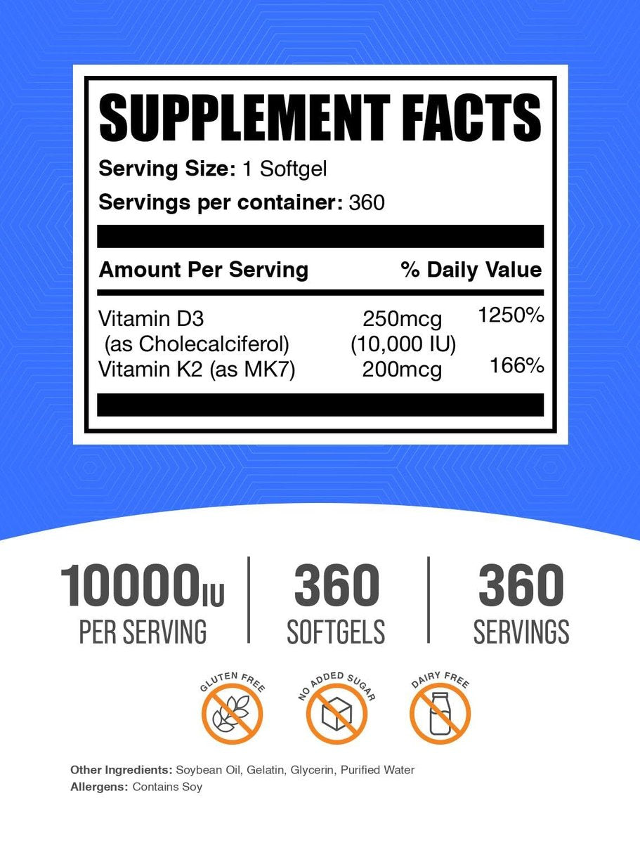 BulkSupplements.com Vitamin D3 + K2 10000 IE Weichkapseln - D3 K2 Vitamin Nahrungsergänzung für Immunsystem - Glutenfrei, 1 Weichkapsel pro Portion, 360 Stück (1er Pack)