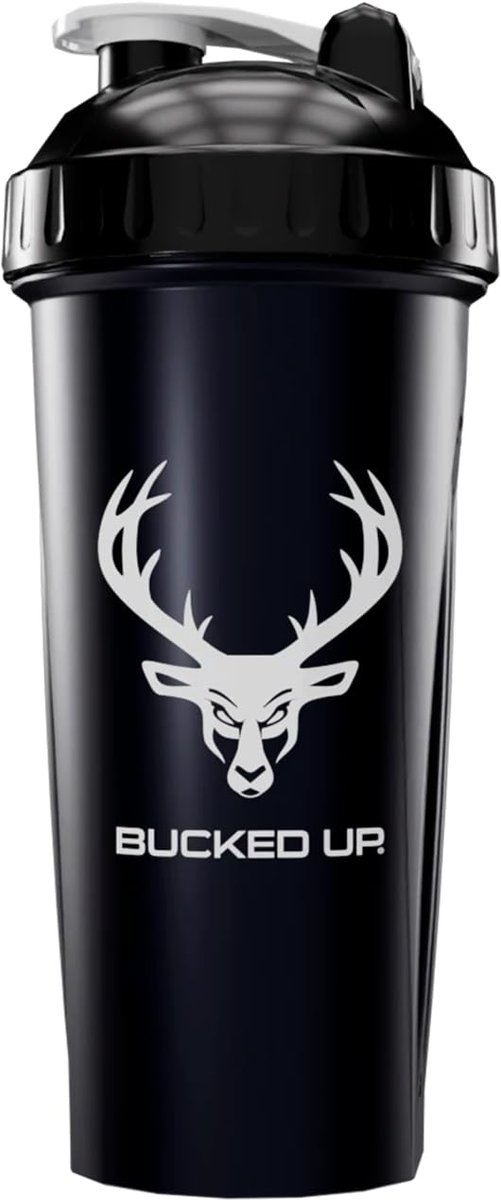 Bucked Up Perfect Shaker Flasche 28oz – BPA-frei, spülmaschinenfest, auslaufsicher, schwarze Flasche mit weißem Buck-Logo