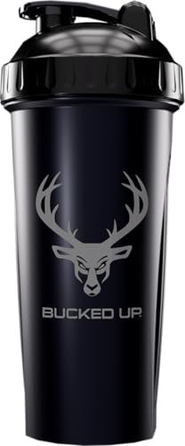 Bucked Up Shakerflasche für Protein, Pre-Workout und Smoothies – 28 oz Schwarz/Grau mit Logo