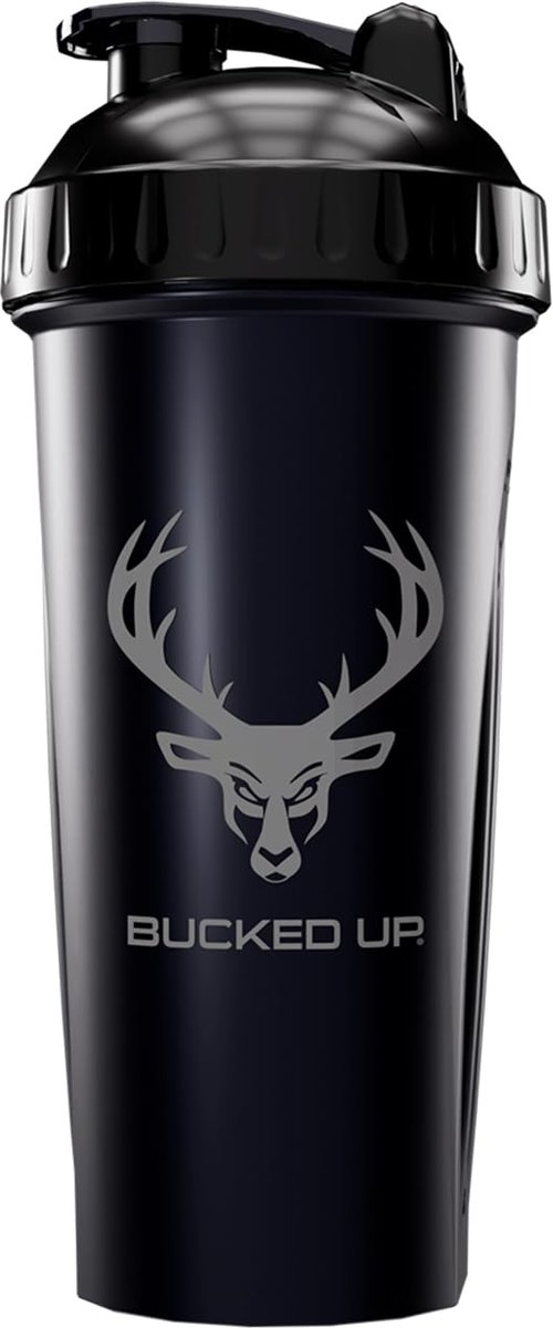 Bucked Up Shakerflasche für Protein, Pre-Workout und Smoothies – 28 oz Schwarz/Grau mit Logo