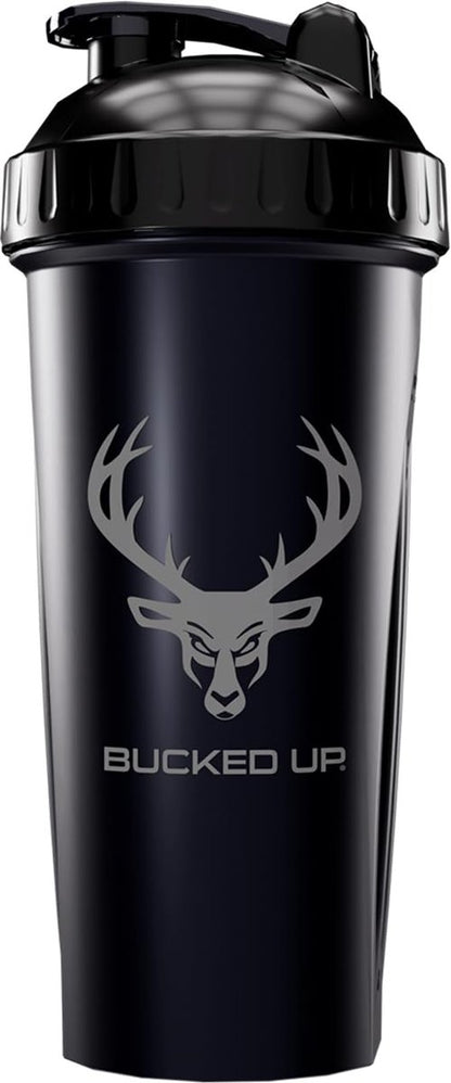 Bucked Up Shakerflasche für Protein, Pre-Workout und Smoothies – 28 oz Schwarz/Grau mit Logo