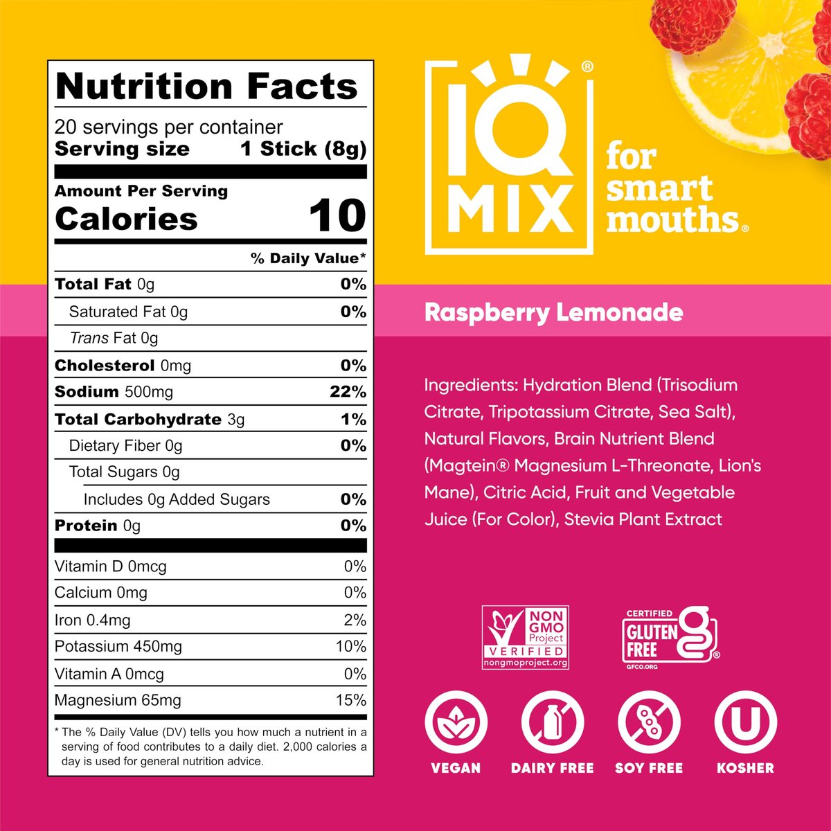 IQMIX Hydration Electrolyte Powder – 4-in-1 Formel für Hydration, geistige Klarheit, Stimmung und Erholung – Zuckerfreies Getränkepulver, Keto, Magnesium-L-Threonat, Löwenmähne – 20 Portionen Neuer Himbeer-Limonade-Geschmack