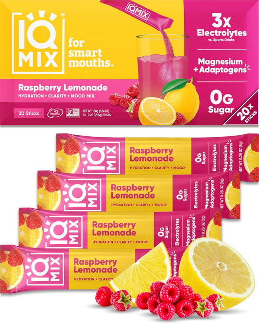 IQMIX Hydration Electrolyte Powder – 4-in-1 Formel für Hydration, geistige Klarheit, Stimmung und Erholung – Zuckerfreies Getränkepulver, Keto, Magnesium-L-Threonat, Löwenmähne – 20 Portionen Neuer Himbeer-Limonade-Geschmack