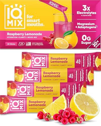 IQMIX Hydration Electrolyte Powder – 4-in-1 Formel für Hydration, geistige Klarheit, Stimmung und Erholung – Zuckerfreies Getränkepulver, Keto, Magnesium-L-Threonat, Löwenmähne – 20 Portionen Neuer Himbeer-Limonade-Geschmack
