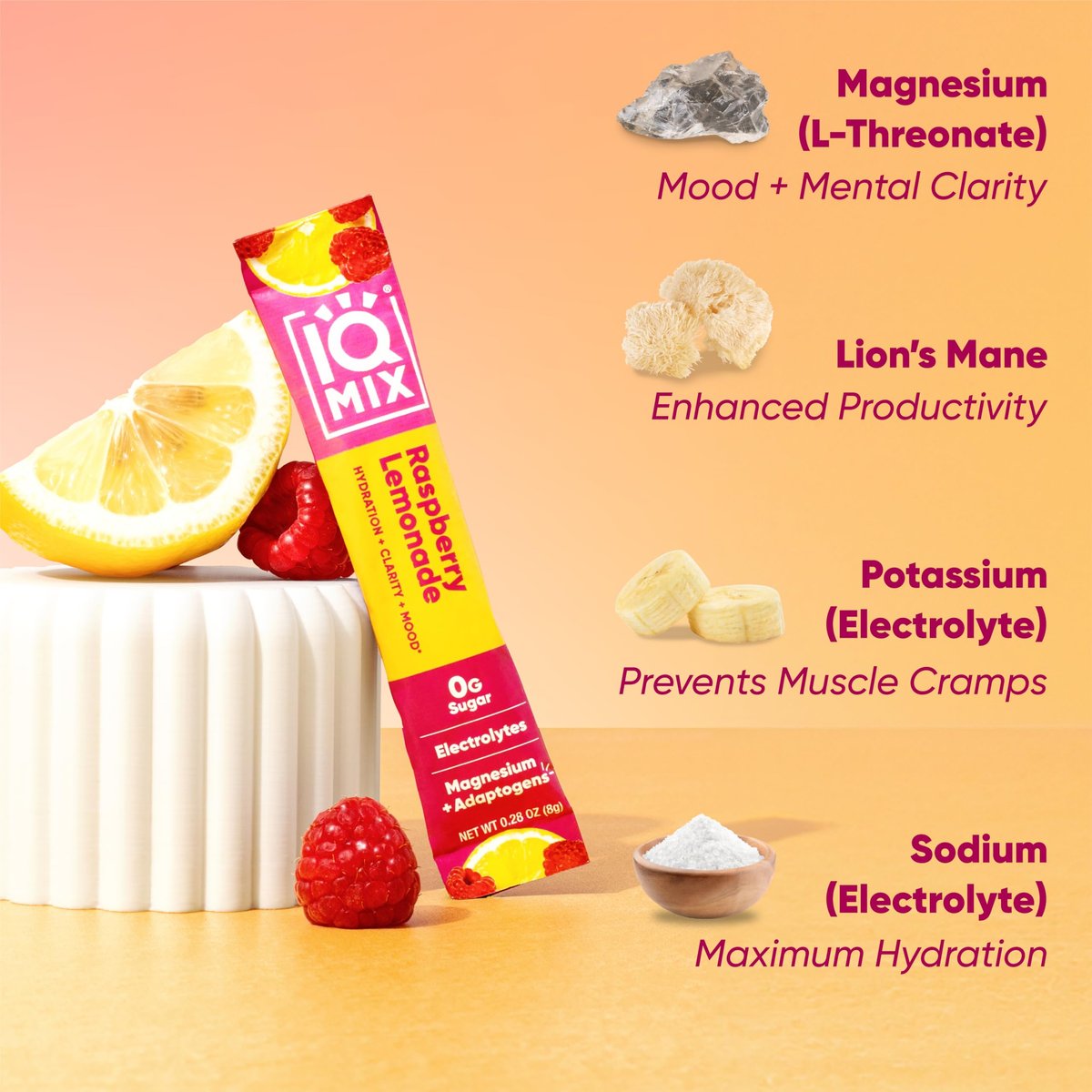 IQMIX Hydration Electrolyte Powder – 4-in-1 Formel für Hydration, geistige Klarheit, Stimmung und Erholung – Zuckerfreies Getränkepulver, Keto, Magnesium-L-Threonat, Löwenmähne – 20 Portionen Neuer Himbeer-Limonade-Geschmack