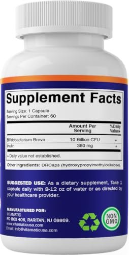 Vitamatic Bifidobacterium Breve - 10 Milliarden KBE pro Kapsel - 60 Kapseln - Verdauungsunterstützung mit präbiotischem Inulin
