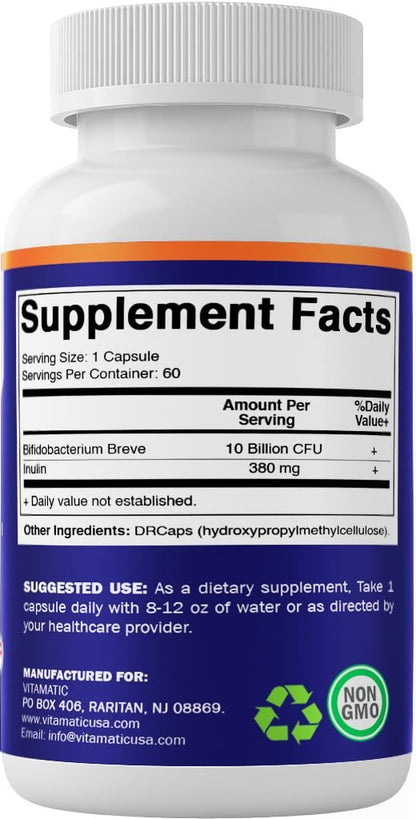 Vitamatic Bifidobacterium Breve - 10 Milliarden KBE pro Kapsel - 60 Kapseln - Verdauungsunterstützung mit präbiotischem Inulin