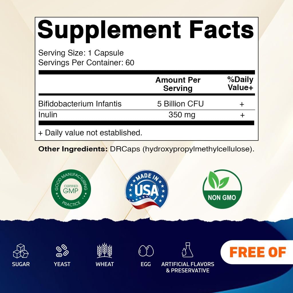 Vitamatic Bifidobacterium Infantis – 5 Milliarden pro Kapsel – 60 Kapseln – Verdauungsunterstützung mit präbiotischem Inulin