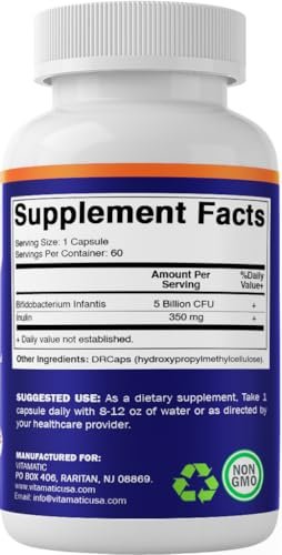 Vitamatic Bifidobacterium Infantis – 5 Milliarden pro Kapsel – 60 Kapseln – Verdauungsunterstützung mit präbiotischem Inulin