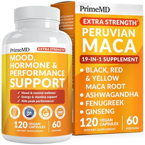19-in-1 Extra Starkes Peruanisches Maca-Wurzelkapseln - 9125 mg Ashwagandha Nahrungsergänzungsmittel mit Bockshornklee und Ginseng für Stimmung, Hormone und Leistungsunterstützung (120 Stück)