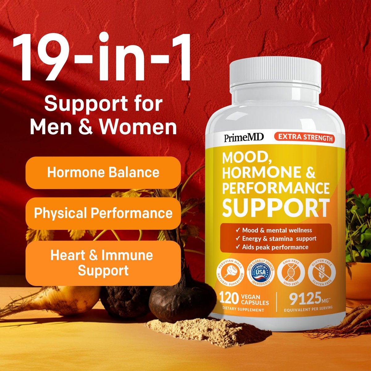 19-in-1 Extra Starkes Peruanisches Maca-Wurzelkapseln - 9125 mg Ashwagandha Nahrungsergänzungsmittel mit Bockshornklee und Ginseng für Stimmung, Hormone und Leistungsunterstützung (120 Stück)