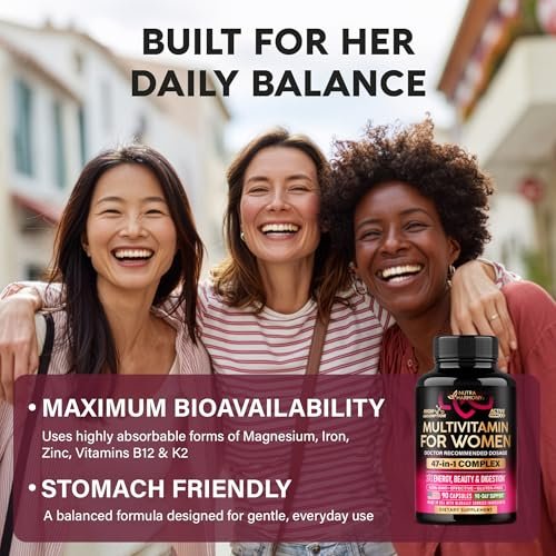Multivitamin für Frauen - B-Komplex | Vollwertkost | Haarwachstum | Verdauung & Stoffwechsel | Eisen - 47in1 Frauen Multivitamin - Bioverfügbar & Magenfreundlich - 90 Kapseln, 3 Monatsvorrat
