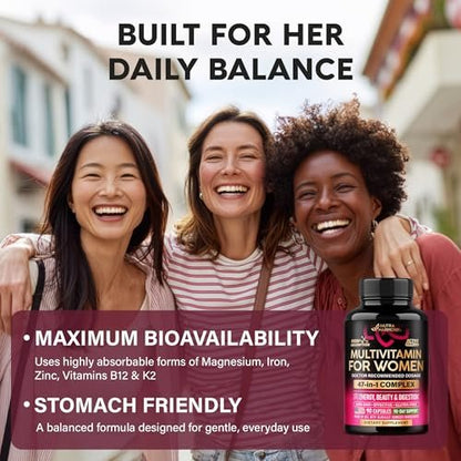 Multivitamin für Frauen - B-Komplex | Vollwertkost | Haarwachstum | Verdauung & Stoffwechsel | Eisen - 47in1 Frauen Multivitamin - Bioverfügbar & Magenfreundlich - 90 Kapseln, 3 Monatsvorrat