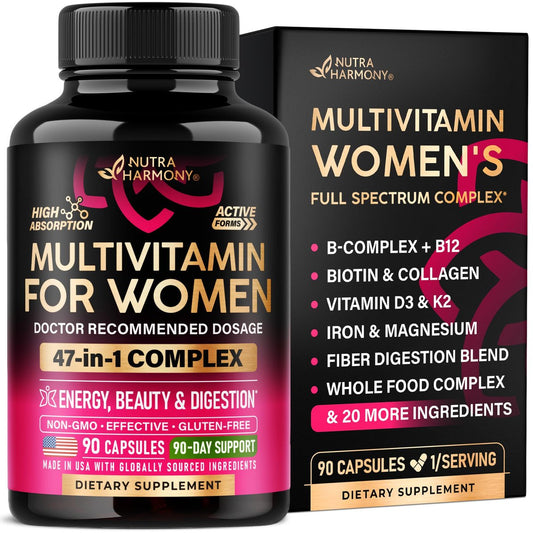 Multivitamin für Frauen - B-Komplex | Vollwertkost | Haarwachstum | Verdauung & Stoffwechsel | Eisen - 47in1 Frauen Multivitamin - Bioverfügbar & Magenfreundlich - 90 Kapseln, 3 Monatsvorrat