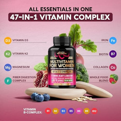 Multivitamin für Frauen - B-Komplex | Vollwertkost | Haarwachstum | Verdauung & Stoffwechsel | Eisen - 47in1 Frauen Multivitamin - Bioverfügbar & Magenfreundlich - 90 Kapseln, 3 Monatsvorrat