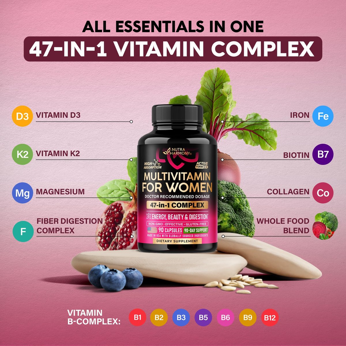Multivitamin für Frauen - B-Komplex | Vollwertkost | Haarwachstum | Verdauung & Stoffwechsel | Eisen - 47in1 Frauen Multivitamin - Bioverfügbar & Magenfreundlich - 90 Kapseln, 3 Monatsvorrat