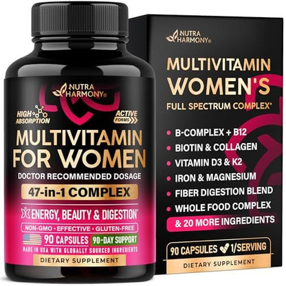 Multivitamin für Frauen - B-Komplex | Vollwertkost | Haarwachstum | Verdauung & Stoffwechsel | Eisen - 47in1 Frauen Multivitamin - Bioverfügbar & Magenfreundlich - 90 Kapseln, 3 Monatsvorrat