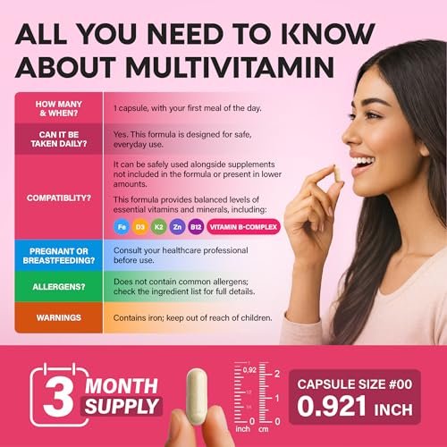 Multivitamin für Frauen - B-Komplex | Vollwertkost | Haarwachstum | Verdauung & Stoffwechsel | Eisen - 47in1 Frauen Multivitamin - Bioverfügbar & Magenfreundlich - 90 Kapseln, 3 Monatsvorrat