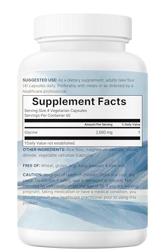 Glycin 2.000 mg pro Portion, 240 vegane Kapseln | Freie Form | Doppelte Stärke Aminosäuren | Erholsamer Schlaf und Neurotransmitter-Unterstützung | Non-GMO, Glutenfrei
