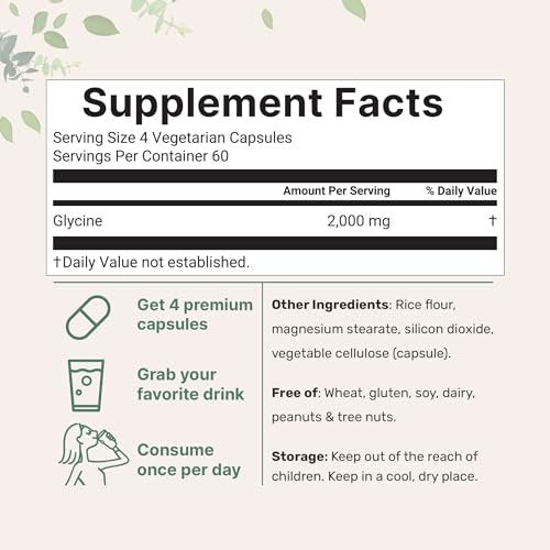 Glycin 2.000 mg pro Portion, 240 vegane Kapseln | Freie Form | Doppelte Stärke Aminosäuren | Erholsamer Schlaf und Neurotransmitter-Unterstützung | Non-GMO, Glutenfrei