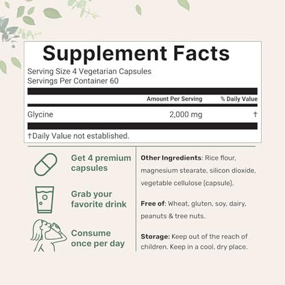 Glycin 2.000 mg pro Portion, 240 vegane Kapseln | Freie Form | Doppelte Stärke Aminosäuren | Erholsamer Schlaf und Neurotransmitter-Unterstützung | Non-GMO, Glutenfrei