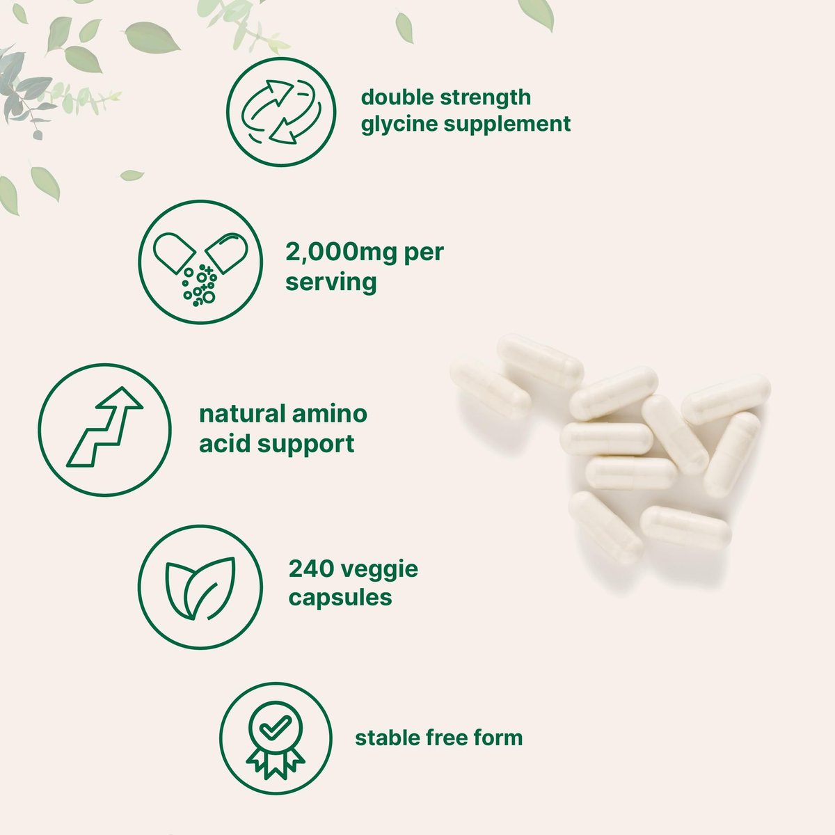 Glycin 2.000 mg pro Portion, 240 vegane Kapseln | Freie Form | Doppelte Stärke Aminosäuren | Erholsamer Schlaf und Neurotransmitter-Unterstützung | Non-GMO, Glutenfrei