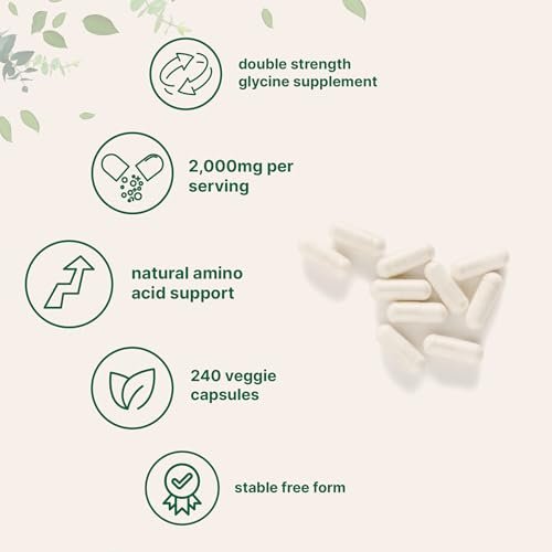 Glycin 2.000 mg pro Portion, 240 vegane Kapseln | Freie Form | Doppelte Stärke Aminosäuren | Erholsamer Schlaf und Neurotransmitter-Unterstützung | Non-GMO, Glutenfrei