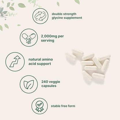 Glycin 2.000 mg pro Portion, 240 vegane Kapseln | Freie Form | Doppelte Stärke Aminosäuren | Erholsamer Schlaf und Neurotransmitter-Unterstützung | Non-GMO, Glutenfrei