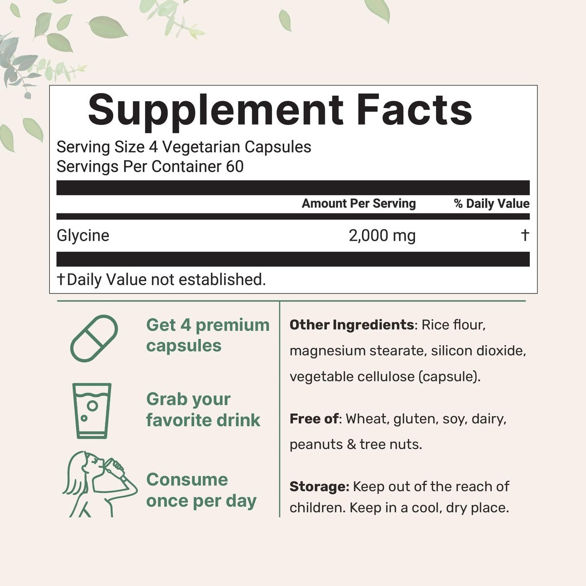 Glycin 2.000 mg pro Portion, 240 vegane Kapseln | Freie Form | Doppelte Stärke Aminosäuren | Erholsamer Schlaf und Neurotransmitter-Unterstützung | Non-GMO, Glutenfrei