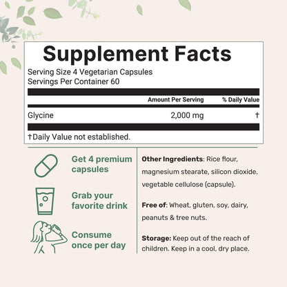 Glycin 2.000 mg pro Portion, 240 vegane Kapseln | Freie Form | Doppelte Stärke Aminosäuren | Erholsamer Schlaf und Neurotransmitter-Unterstützung | Non-GMO, Glutenfrei